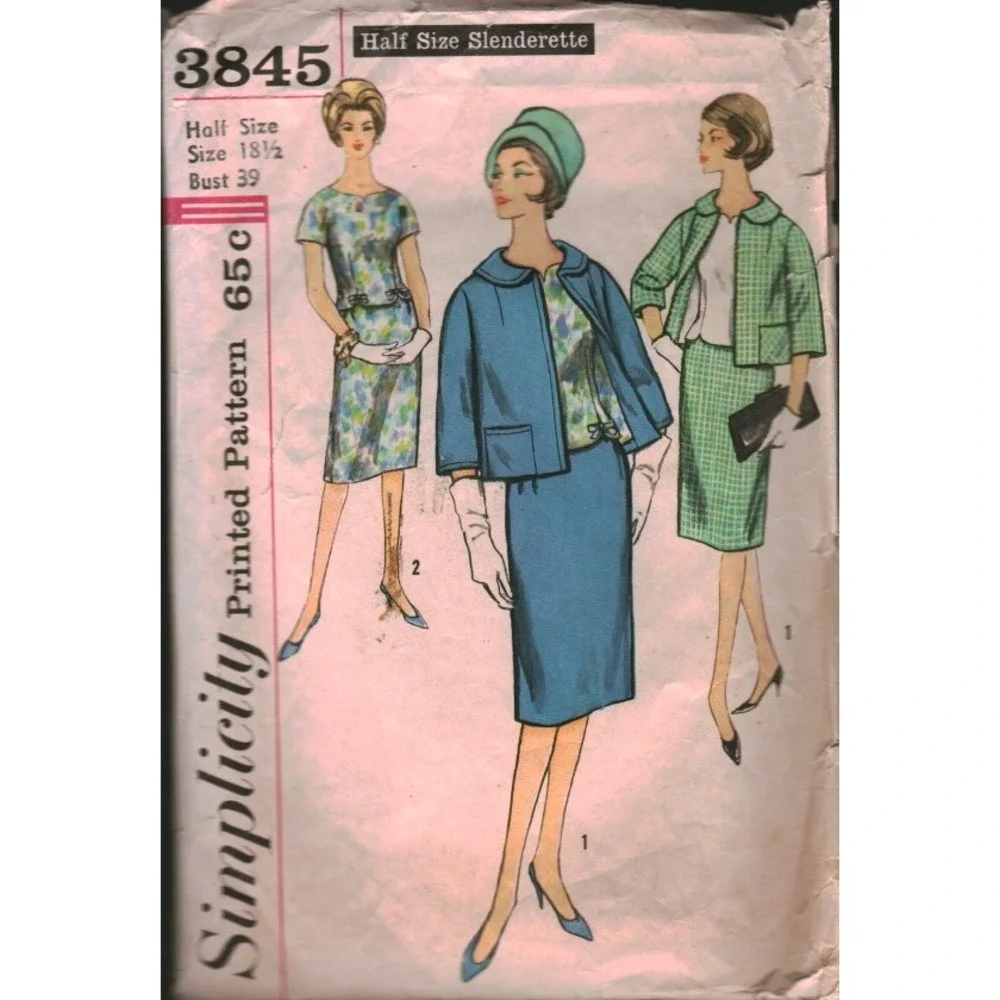Vintage Simplicity 3845 Sewing Pattern 1960s Skirt Suit Overblouse Sz 18.5 B 39